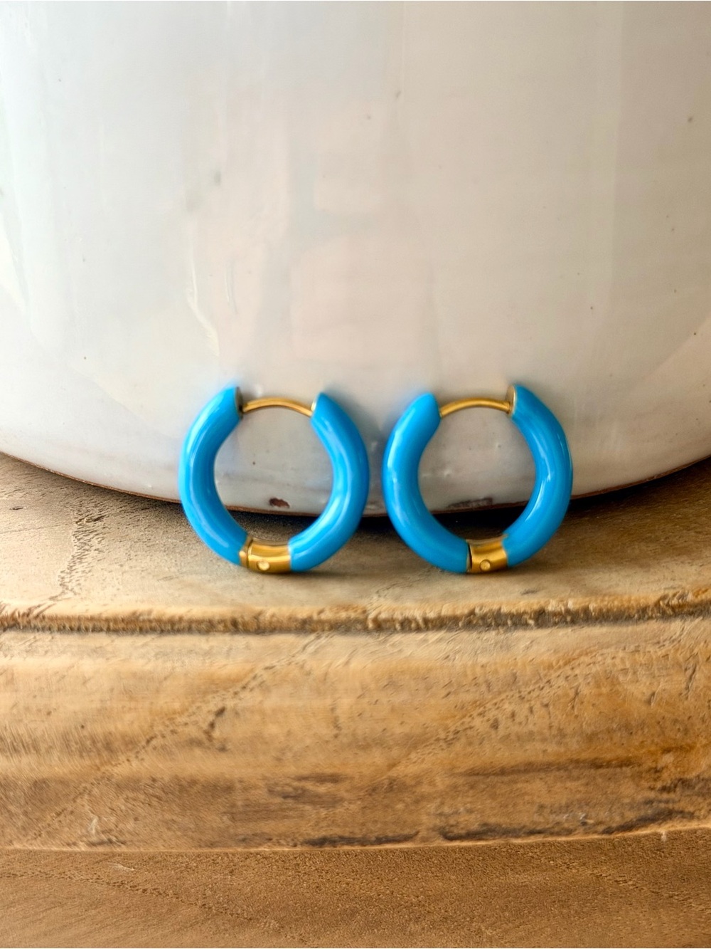Blue Epoxy Gold Huggie Earrings